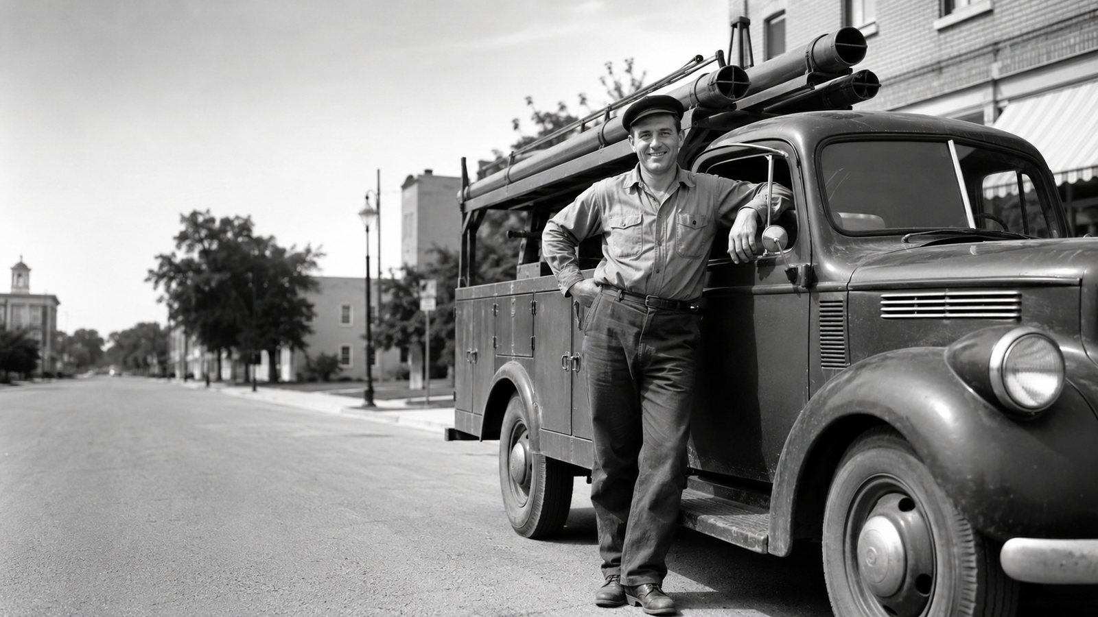 Black and white 1940s heating and cooling contractor standing with a vintage service truck